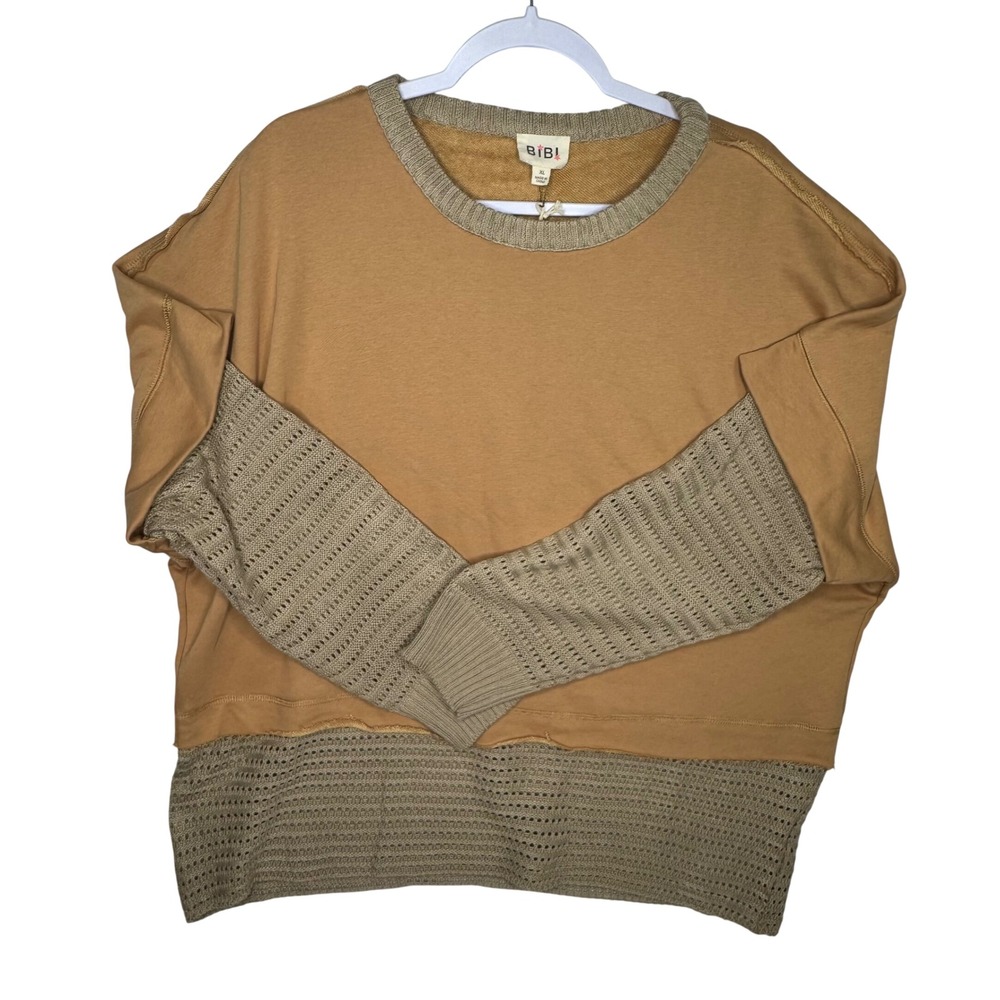 BIBI Tan Contrast Knit Crewneck Sweatshirt XL Oversize‎